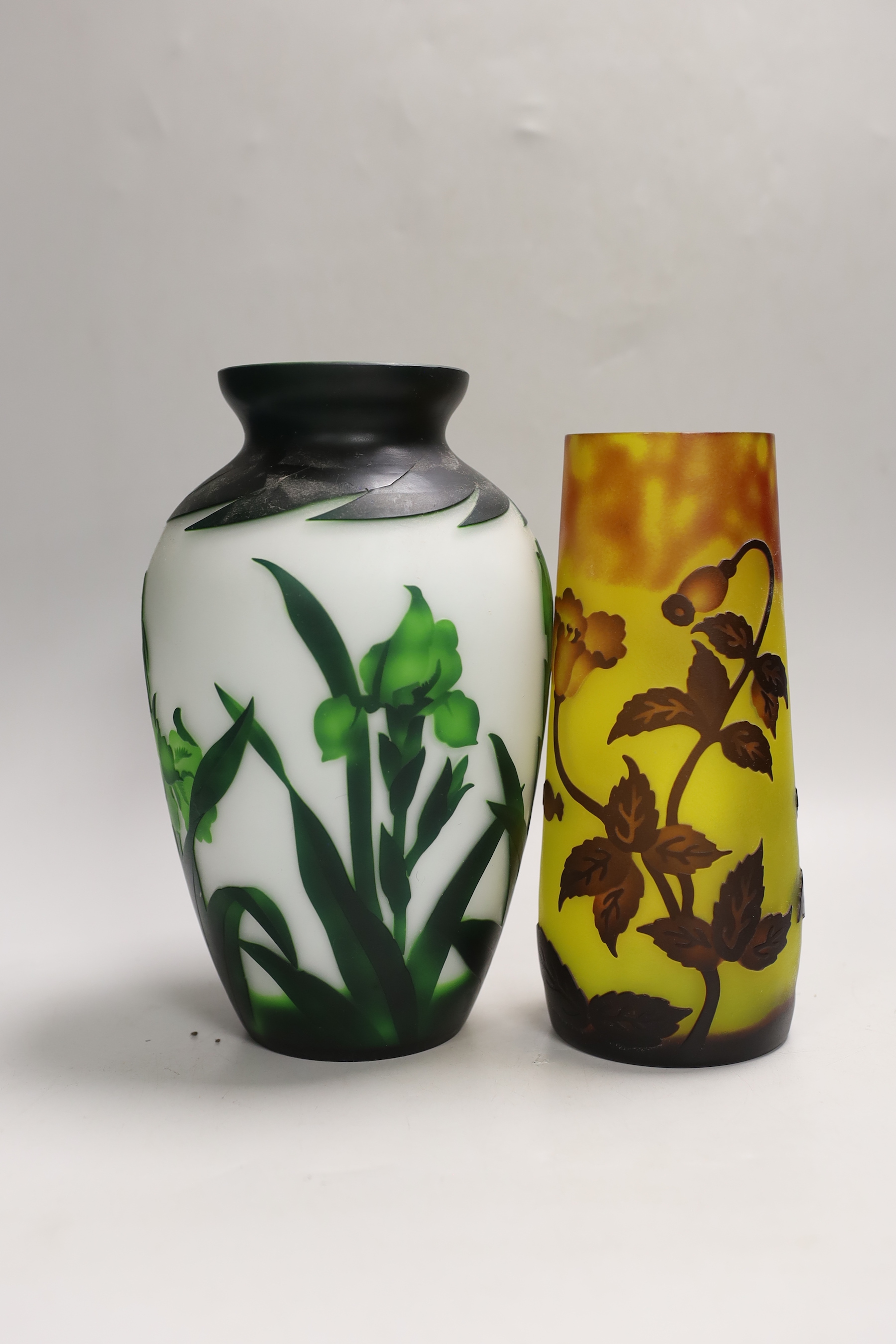 Two cameo glass vases, both bearing Gallé signatures, tallest 25cm